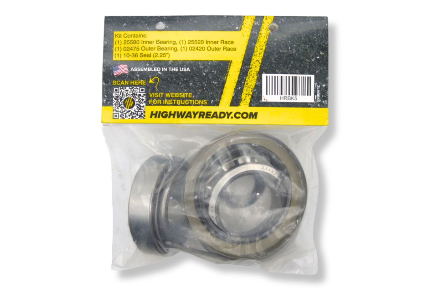 HRBK5 | Highway Ready 8K Bearing/Race/Seal Kit, 1 Wheel, Includes Inner Bearing/Race (1) 25580 (1) 25520 and Outer Bearing/Race (1) 02475 (1) 02420 (1) 010-036-00 Seal (1) 005-101-00 Spindle Washer (1) 165649 Cotter Pin
