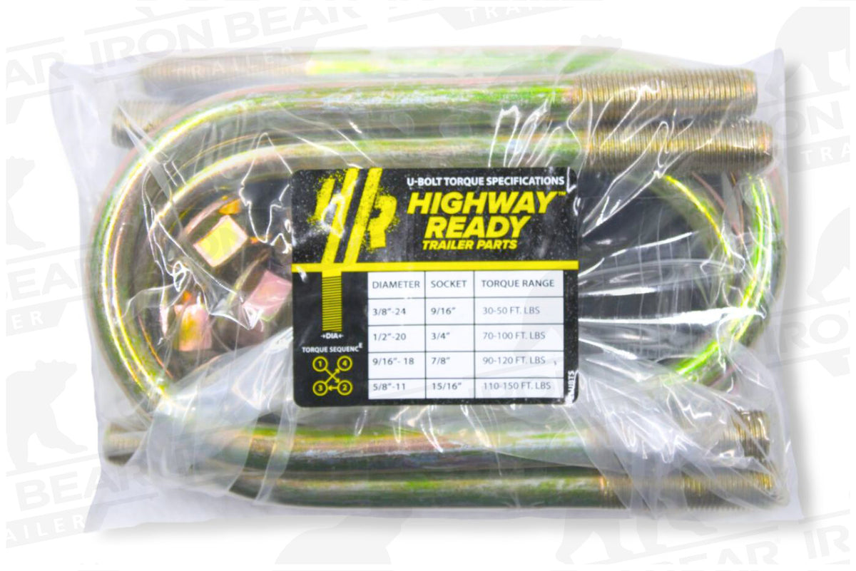 UBK-3X2S | U-Bolt Kit Zinc Plated, 3” Round Tube Axle, 9/16-18” Diameter X 6.5” Inside Length X 3” Inside Width, Fits 3-5 Leaf 2” Wide Springs, Bag