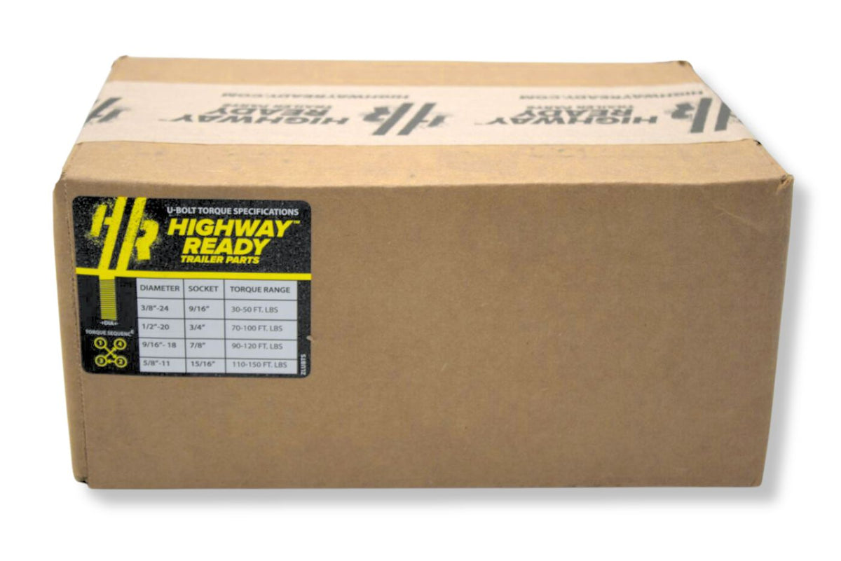 UBK-3X2LB | U-Bolt Kit Zinc Plated, 3” Round Tube Axle, 9/16-18” Diameter X 8” Inside Length X 3” Inside Width, Fits 6-8 Leaf 2” Wide Springs, Box