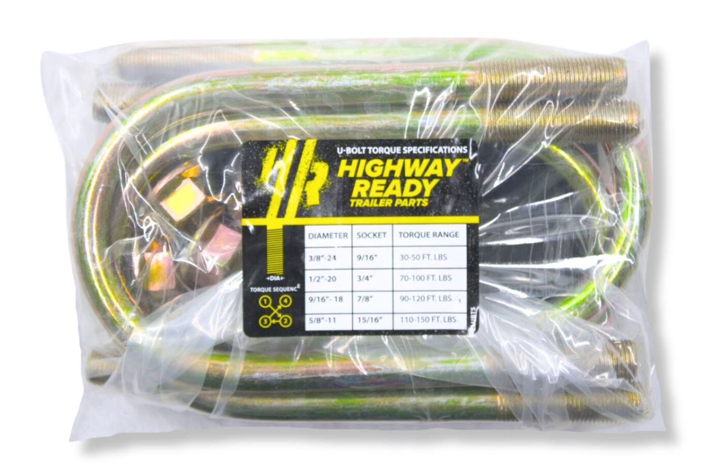 UBK-3X2S | U-Bolt Kit Zinc Plated, 3” Round Tube Axle, 9/16-18” Diameter X 6.5” Inside Length X 3” Inside Width, Fits 3-5 Leaf 2” Wide Springs, Bag