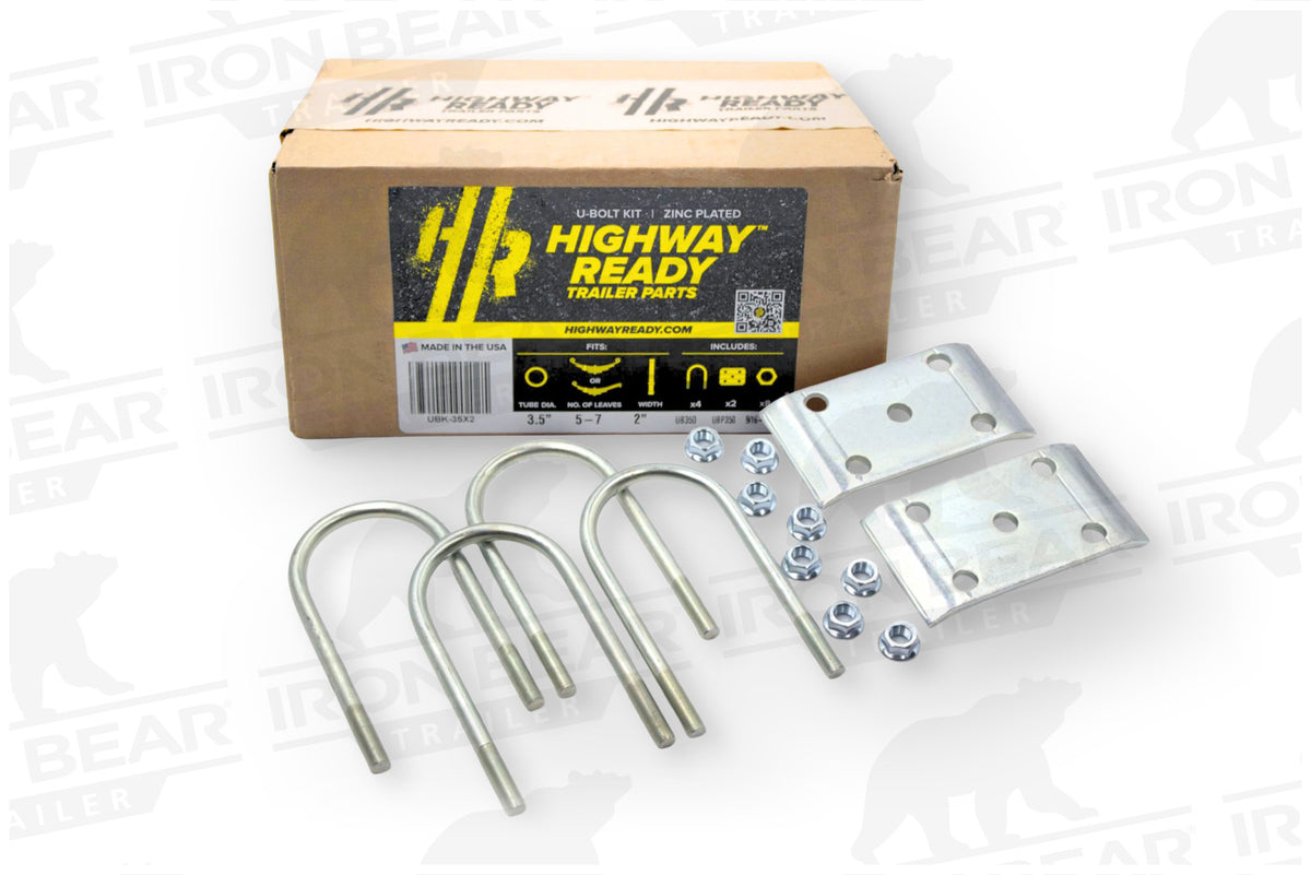 UBK-35X2 | U-Bolt Kit Zinc Plated, Round Tube Axle, 9/16" Diameter X 3.5" Inside Length X 8" Inside Width, For 2" Wide Spring, Box