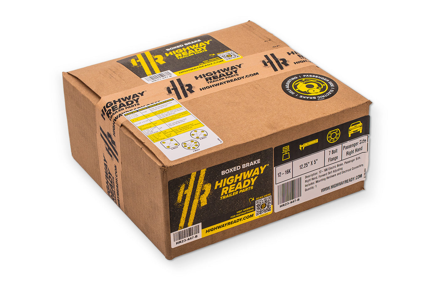 HR23-447-B | Highway Ready Boxed Electric Brake, Passenger Side, RH, 16K Self Adjust, Import With Mounting Hardware and Dust Shield