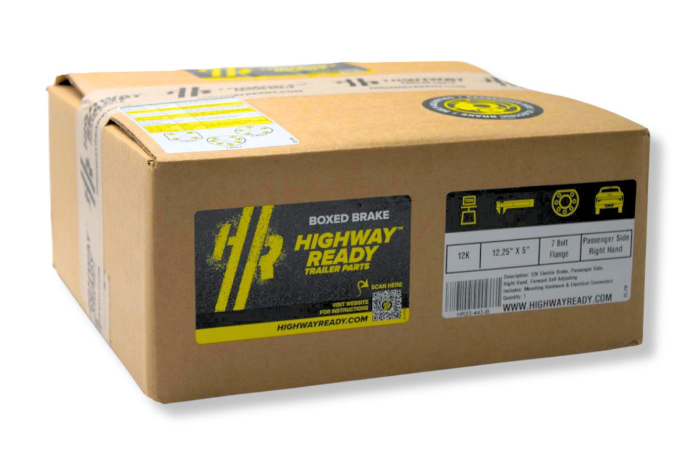 HR23-443-B | Highway Ready Boxed Electric Brake, Passenger Side, RH, 12K, 16K Self Adjust, Import With Mounting Hardware and Dust Shield