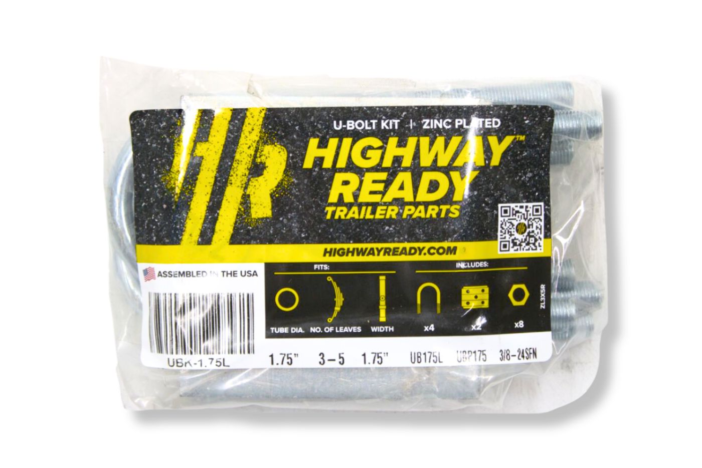 UBK-1.75L | U-Bolt Kit Zinc Plated, 1.75" Round Tube Axle, 3/8" X 5.25", Bag