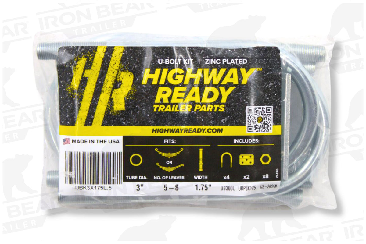 UBK3X175L.5 | U-Bolt Kit Zinc Plated, 3” Round Tube Axle, 3.5K/4.4K, 1/2-20” Diameter X 7” Inside Length X 3” Inside Width, Fits 6-8 Leaf 1.75” Wide Springs, Bag