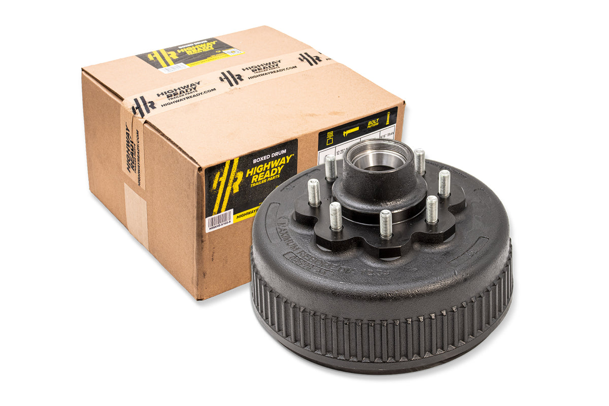 HR8KHD-9/16O-B | Highway Ready, Boxed Drum, 12.25"X3.38", 8K, 8 Lug, 865, 9/16" Stud, Import, Includes Flange Nuts, Bearings, Seal, Oil Cap, Tang Washer, Cotter Pin, Nitril Gloves