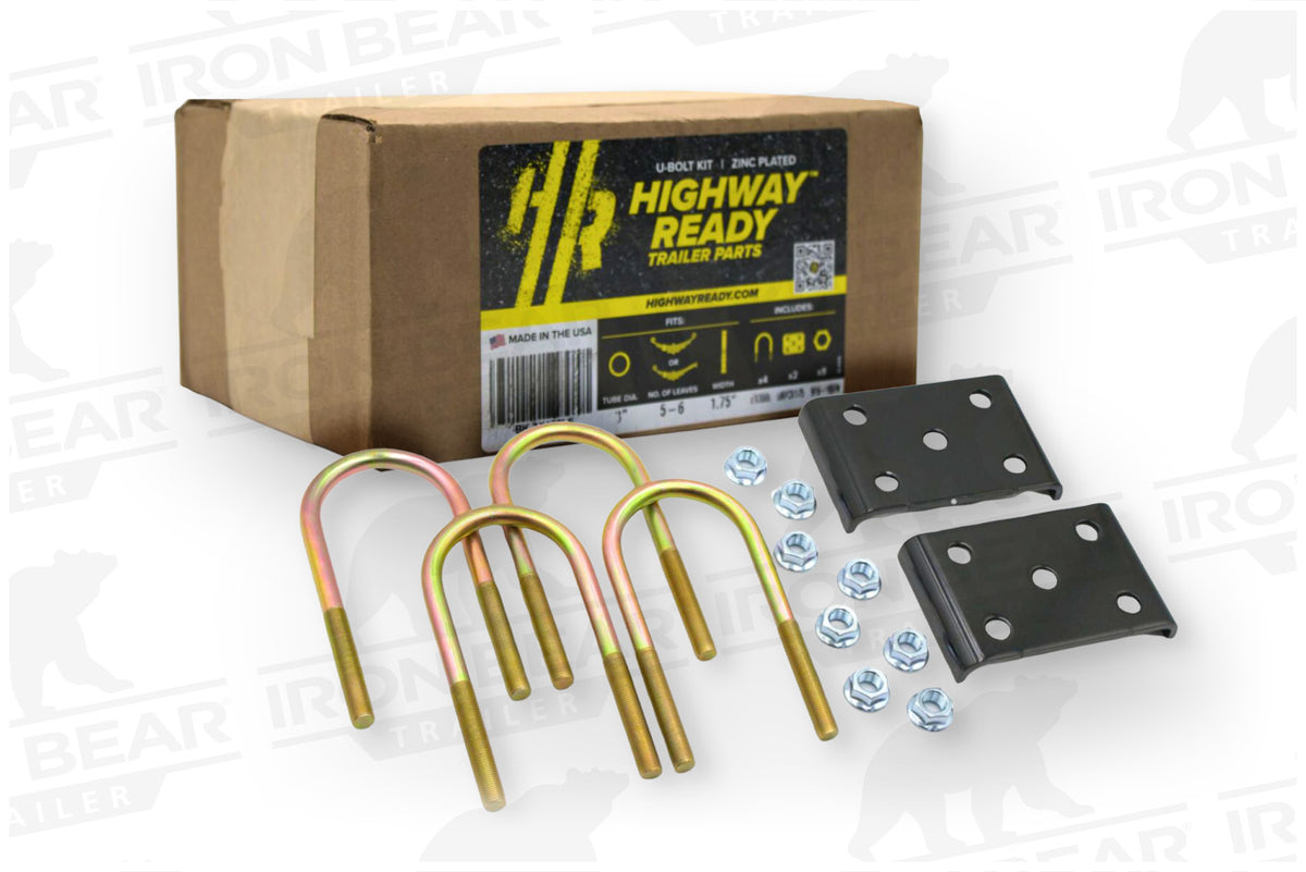 UBK-3X1.75LB | U-Bolt Kit Zinc Plated, 3” Round Tube Axle, Zinc Plated, 9/16-18” Diameter X 8” Inside Length X 3” Inside Width, Fits 6-8 Leaf 1.75” Wide Springs, Box