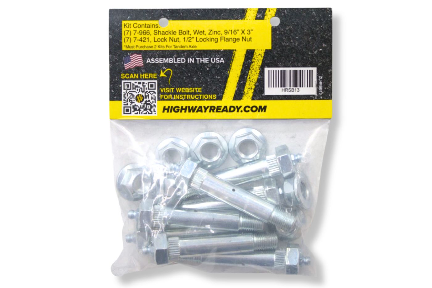 HRSB13 | Highway Ready Shackle Bolt Kit Includes, (7) 007-966-00 9/16-3" Wet Bolt, (6) 007-421-00Flange Lock Nut 1/2", Tandem (Requires 2 Kits)