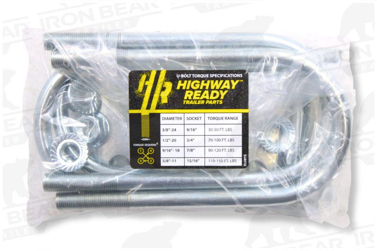 UBK3X175S.5 | U-Bolt Kit Zinc Plated, 3” Round Tube Axle, 3.5K/4.4K ,1/2-20” Diameter X 7” Inside Length X 3” Inside Width, Fits 3-5 Leaf 1.75” Wide Springs, Bag