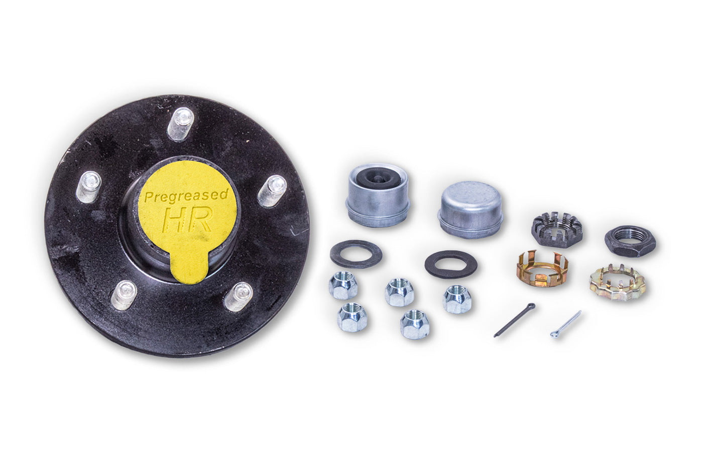 HR84545-PP | Highway Ready Prepacked, Boxed Hub, 3.5K, 545, Import, Includes Pregreased Bearings, Races, Seal, EZ Lube Dust Cap, Tang Washer, Cotter Pin  Lug Nuts