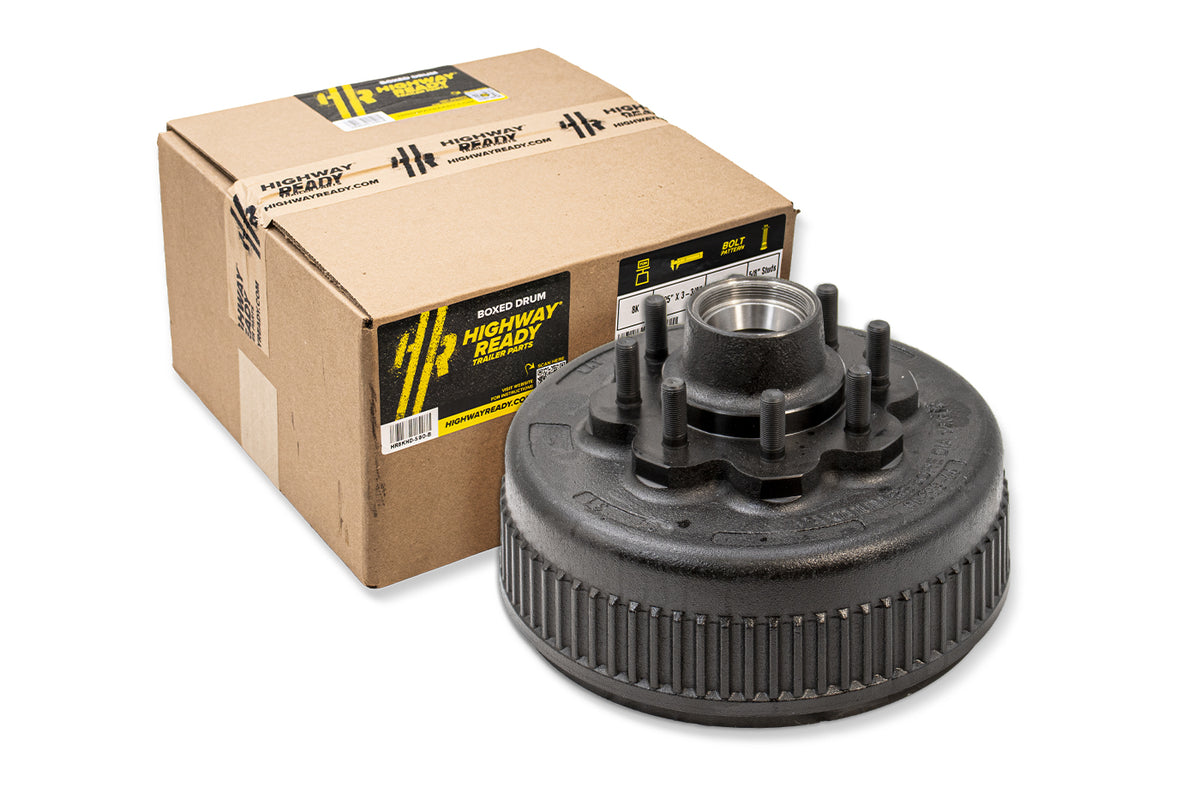 HR8KHD-5/8O-B | Highway Ready, Boxed Drum, 12.25"X3.38", 8K, 8 Lug, 865, 5/8" Stud, Import, Includes Flange Nuts, Bearings, Seal, Oil Cap, Tang Washer, Cotter Pin, Nitril Gloves