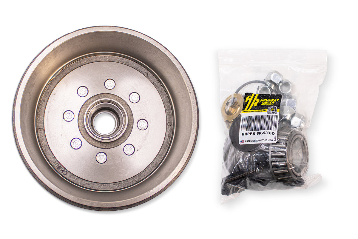 HR8KHD-9/16O-B | Highway Ready, Boxed Drum, 12.25"X3.38", 8K, 8 Lug, 865, 9/16" Stud, Import, Includes Flange Nuts, Bearings, Seal, Oil Cap, Tang Washer, Cotter Pin, Nitril Gloves