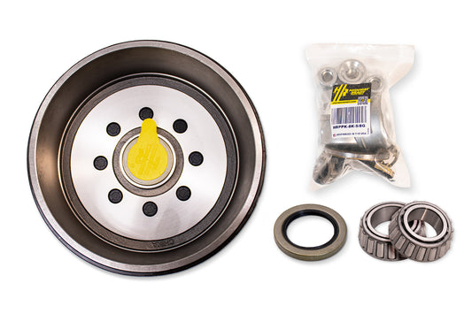 HR8KHD-5/8-PP | Highway Ready Prepacked, Boxed Drum, 12.25"X3.38", 8K, 8 Lug, 865, 5/8" Stud, Import, Includes Flange Nuts, Bearings, Seal, Grease Cap, Tang Washer, Cotter Pin, Nitril Gloves