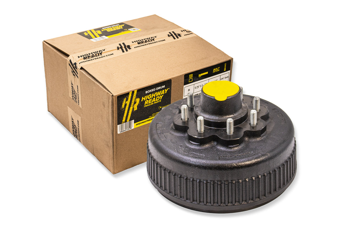 HR8KHD-9/16-PP | Highway Ready Prepacked, Boxed Drum, 12.25"X3.38", 8K, 8 Lug, 865, 9/16" Stud, Import, Includes Flange Nuts, Bearings, Seal, Grease Cap, Tang Washer, Cotter Pin, Nitril Gloves