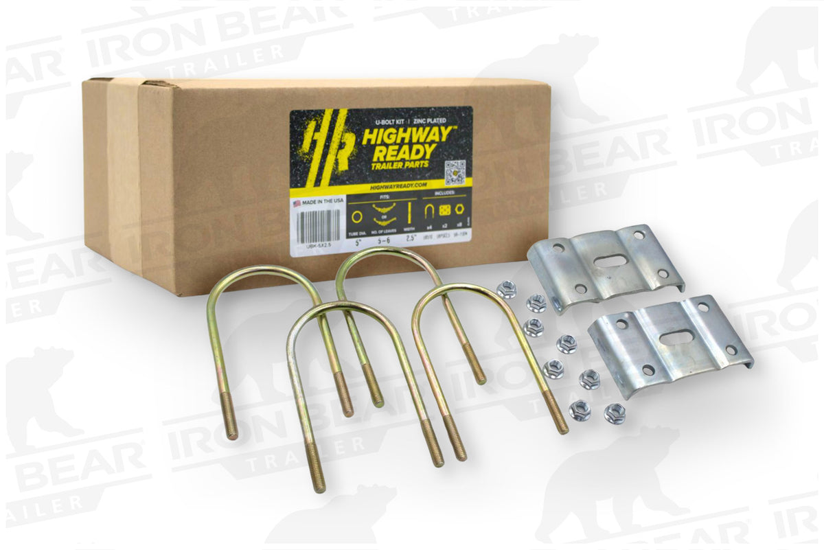 UBK-5X2.5 | U-Bolt Kit Zinc Plated, 5” Round Tube Axle, 5/8-11” Diameter x 5” Inside Width X 10” Inside Length, For 2.5” Wide Leaf Spring, Box