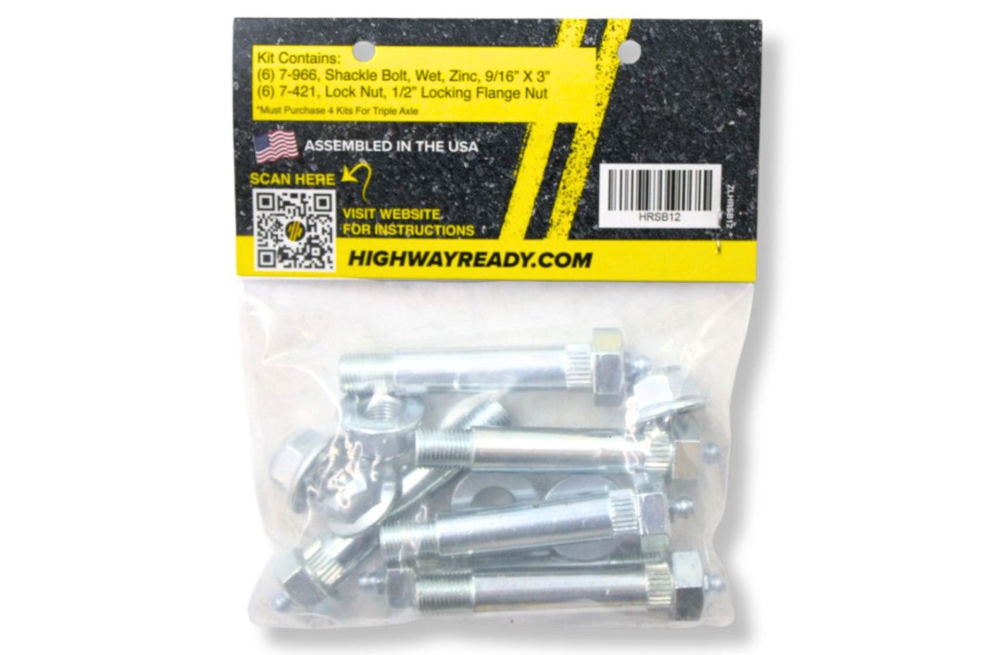 HRSB12 | Highway Ready Shackle Bolt Kit Includes, (6) 007-966-00 9/16-3" Wet Bolt, (6) 007-421-00 Lock Nut 9/16", Single (Requires 1 Kits), Triple (Requires 4 Kits)