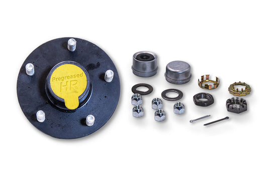 HR84550-PP | Highway Ready Prepacked, Boxed Hub, 3.5K, 550, Import, Includes Pregreased Bearings, L68149 Inner, L44649 Outer, 10-19 Seal, EZ Lube Dust Cap, Tang Washer, Cotter Pin, Lug Nuts  One Pair of XL Nitril Gloves