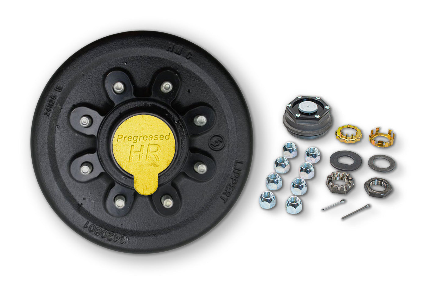 HR42866-9/16HBG-PP | Highway Ready Prepacked, Boxed Drum, 12X2, 8K, Hybrid, 865, 9/16 " Stud, Import, Includes Pregreased Bearings, Races, Seal, Grease Cap, Tang Washer, Cotter Pin  Lug Nuts