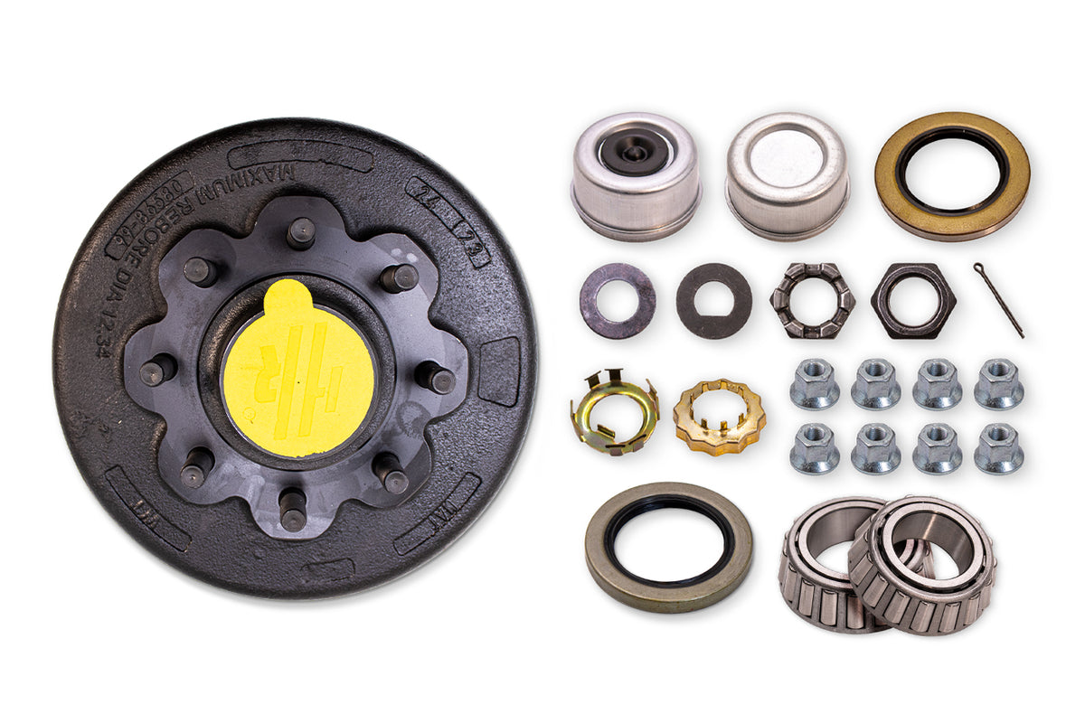 HR8KHD-5/8-PP | Highway Ready Prepacked, Boxed Drum, 12.25"X3.38", 8K, 8 Lug, 865, 5/8" Stud, Import, Includes Flange Nuts, Bearings, Seal, Grease Cap, Tang Washer, Cotter Pin, Nitril Gloves