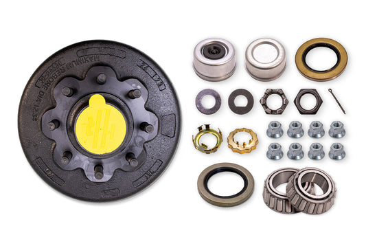 HR8KHD-5/8-PP | Highway Ready Prepacked, Boxed Drum, 12.25"X3.38", 8K, 8 Lug, 865, 5/8" Stud, Import, Includes Flange Nuts, Bearings, Seal, Grease Cap, Tang Washer, Cotter Pin, Nitril Gloves