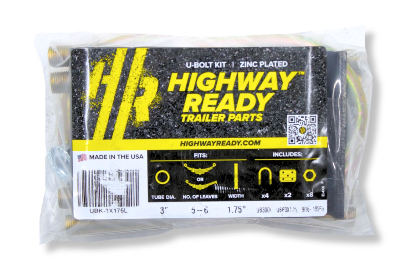 UBK-3X1.75L | U-Bolt Kit Zinc Plated, Round Tube Axle, Zinc Plated, 9/16-18 Diameter X 8 Inside Length X 3 Inside Width, Fits 6-8 Leaf 1.75 Wide Springs, Bag