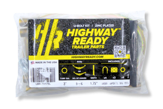 UBK-3X1.75L | U-Bolt Kit Zinc Plated, Round Tube Axle, Zinc Plated, 9/16-18 Diameter X 8 Inside Length X 3 Inside Width, Fits 6-8 Leaf 1.75 Wide Springs, Bag