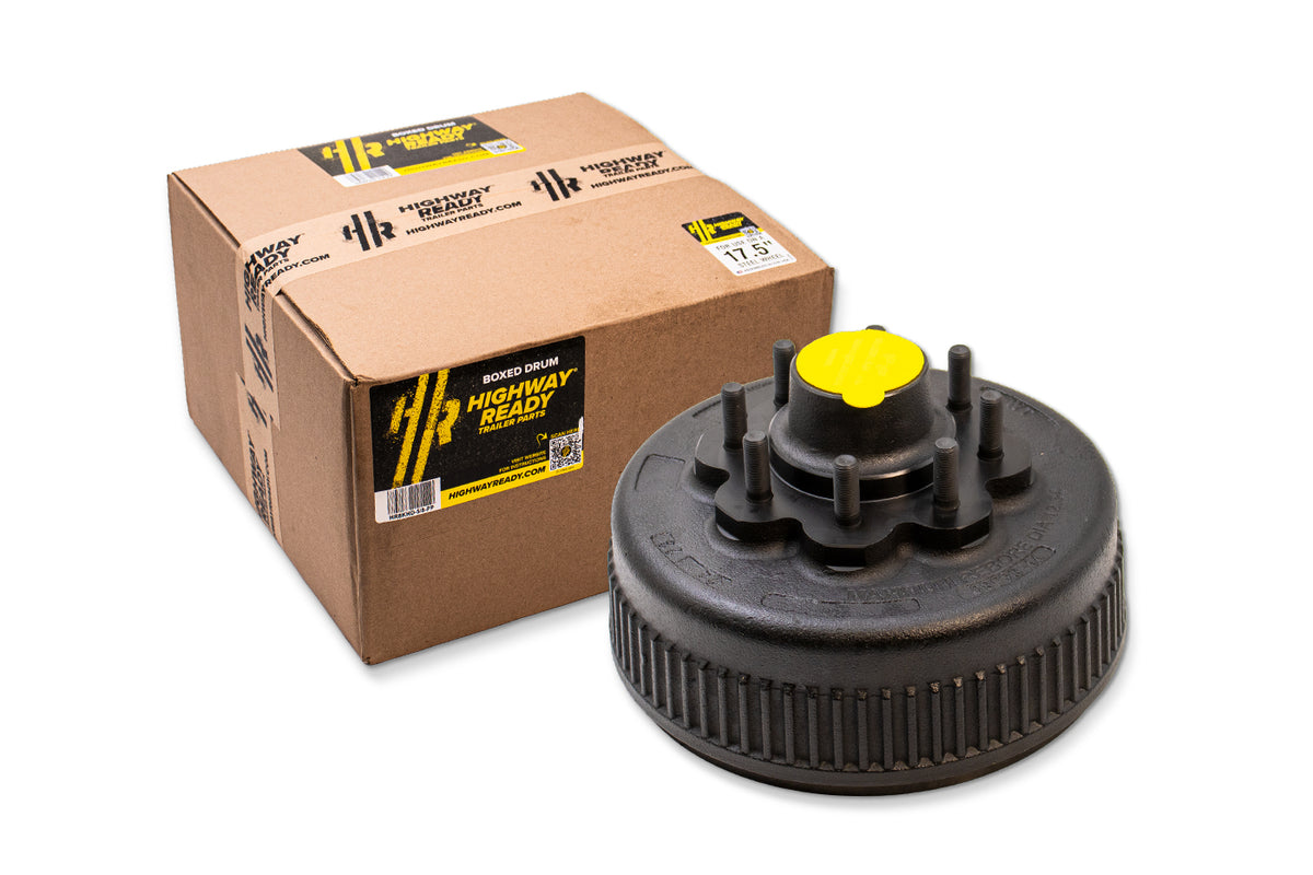 HR8KHD-5/8-PP | Highway Ready Prepacked, Boxed Drum, 12.25"X3.38", 8K, 8 Lug, 865, 5/8" Stud, Import, Includes Flange Nuts, Bearings, Seal, Grease Cap, Tang Washer, Cotter Pin, Nitril Gloves