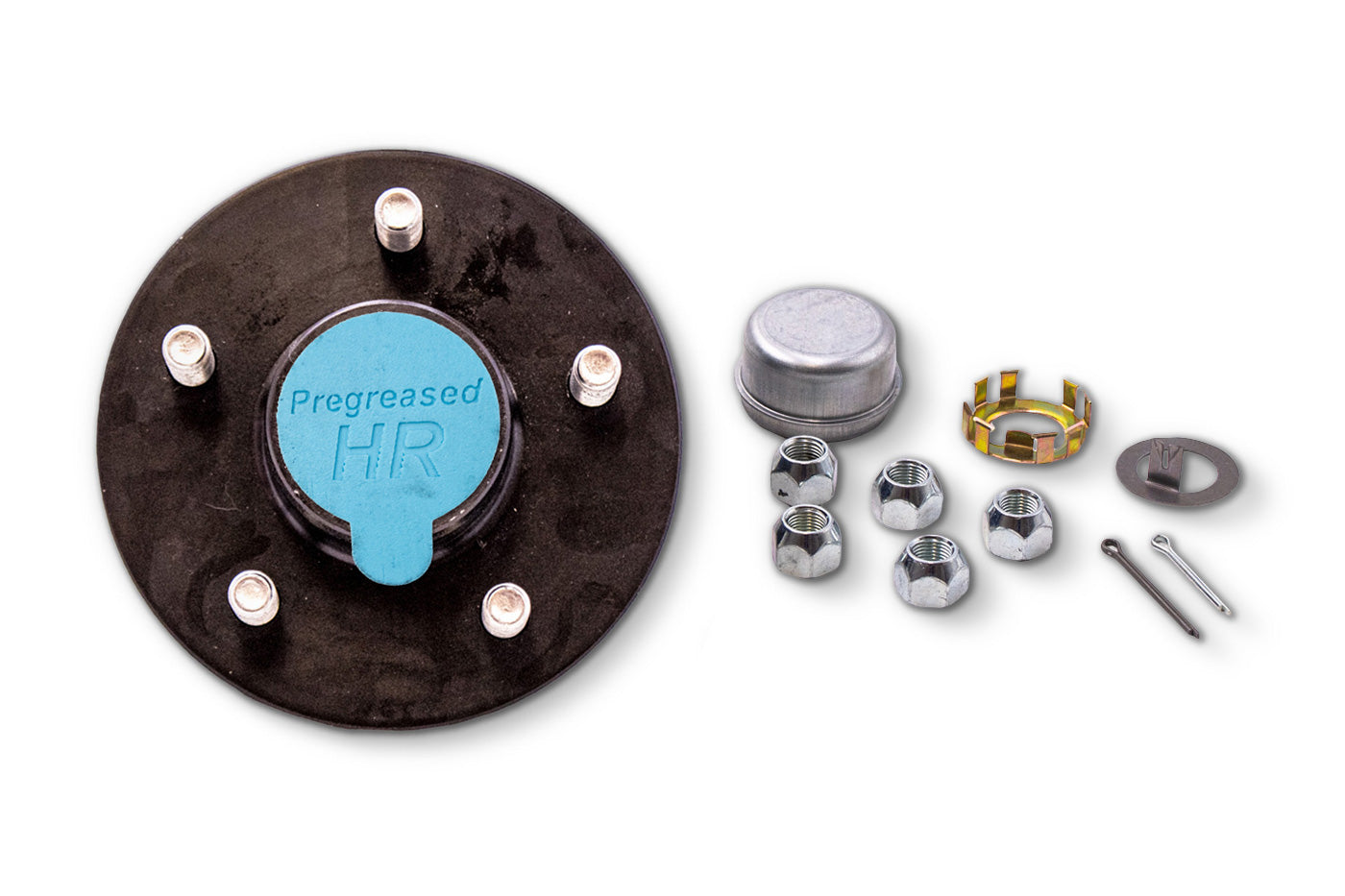 HR84545-PPM | Highway Ready Prepacked, Boxed Hub, Marine Grease, 3.5K, 545, Import, Includes Pregreased Bearings, Races, Seal, EZ Lube Dust Cap, Tang Washer, Cotter Pin  Lug Nuts