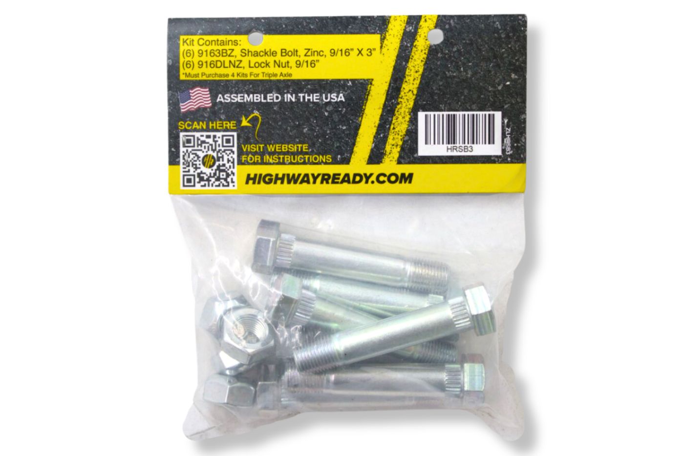 HRSB3 | Highway Ready Zinc Shackle Bolt Kit Includes (6) 166081-Z, Single Axle (Requires 1 Kit) Triple Axle (Requires 4 Kits), Double Eye