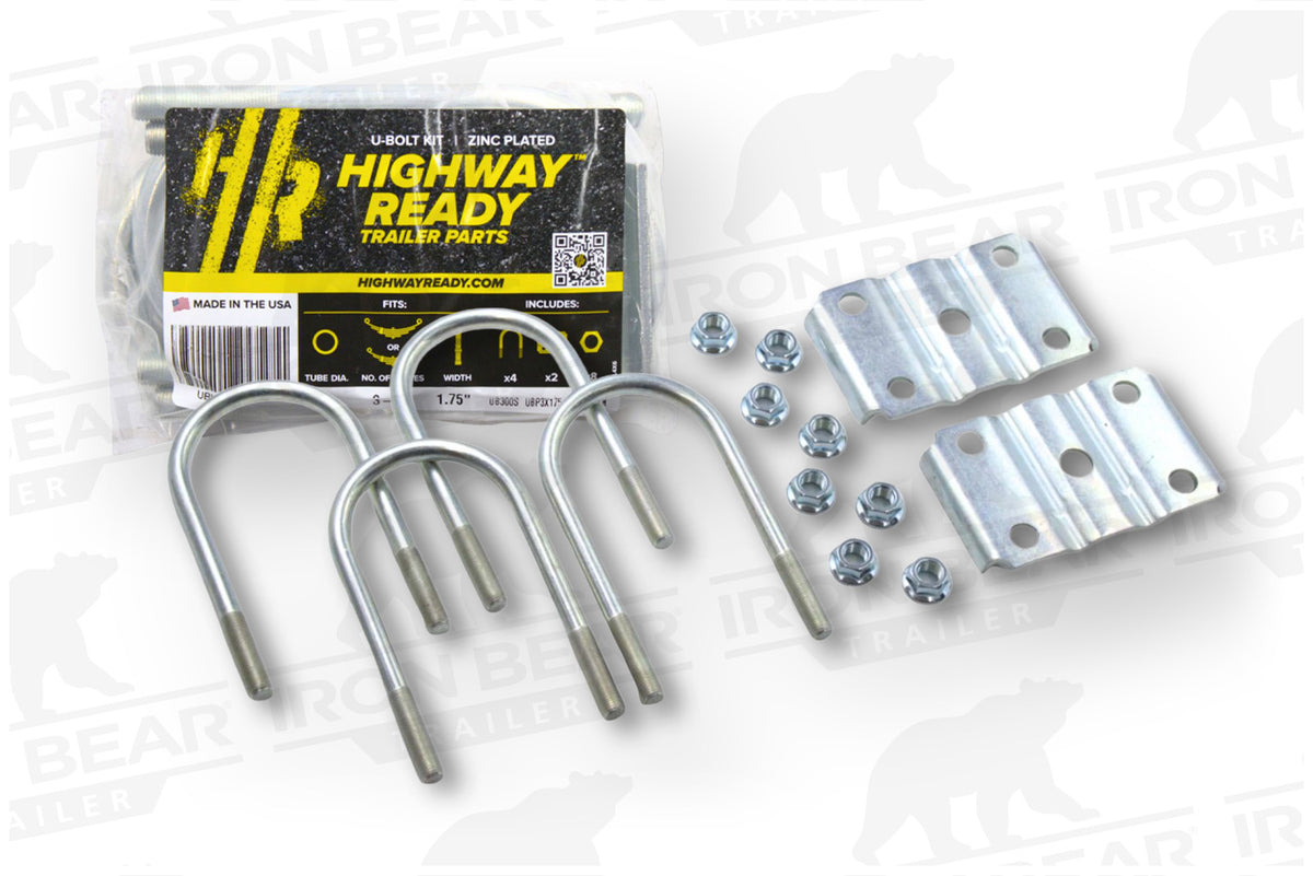 UBK3X175S.5 | U-Bolt Kit Zinc Plated, 3” Round Tube Axle, 3.5K/4.4K ,1/2-20” Diameter X 7” Inside Length X 3” Inside Width, Fits 3-5 Leaf 1.75” Wide Springs, Bag