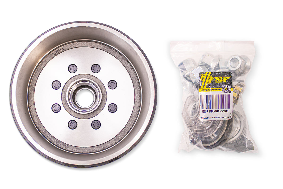 HR8KHD-5/8O-B | Highway Ready, Boxed Drum, 12.25"X3.38", 8K, 8 Lug, 865, 5/8" Stud, Import, Includes Flange Nuts, Bearings, Seal, Oil Cap, Tang Washer, Cotter Pin, Nitril Gloves
