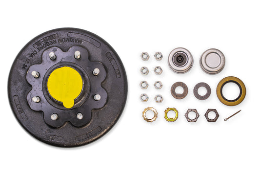 HR8KHD-9/16-PP | Highway Ready Prepacked, Boxed Drum, 12.25"X3.38", 8K, 8 Lug, 865, 9/16" Stud, Import, Includes Flange Nuts, Bearings, Seal, Grease Cap, Tang Washer, Cotter Pin, Nitril Gloves