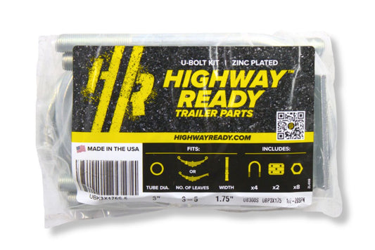 UBK3X175S.5 | U-Bolt Kit Zinc Plated, 3” Round Tube Axle, 3.5K/4.4K ,1/2-20” Diameter X 7” Inside Length X 3” Inside Width, Fits 3-5 Leaf 1.75” Wide Springs, Bag