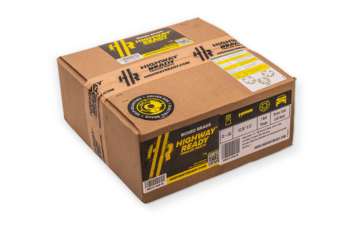 HR23-446-B | Highway Ready Boxed Electric Brake, Driver Side, LH, 16K Self Adjust, Import With Mounting Hardware and Dust Shield