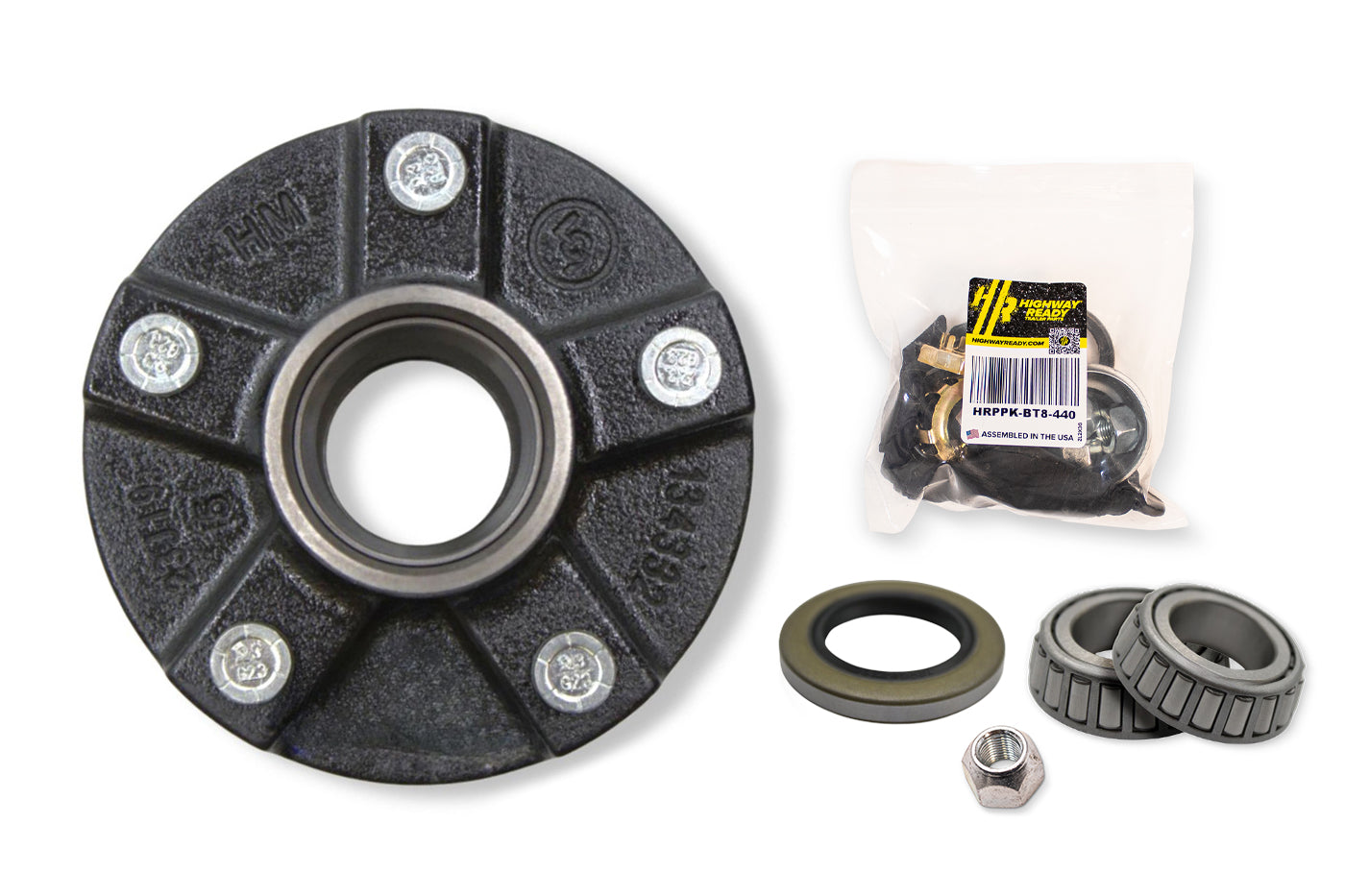 HRBT8-545SF-PP | Highway Ready Prepacked Boxed Hub, 2K, 545, Import, Includes Pregreased Bearings, Races, Seal, EZ Lube Dust Cap, Tang Washer, Cotter Pin  Lug Nuts, Small Flange